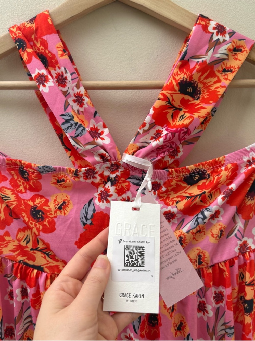 Grace Karin Pink Floral Maxi Dress with Orange Red Blooms - Picture 7 of 8